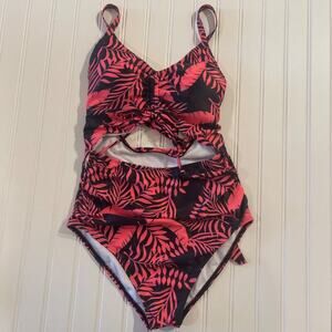 Viaurbe One Piece Women Swimsuit Small Black Pink Tropical Front Cutout Ruched